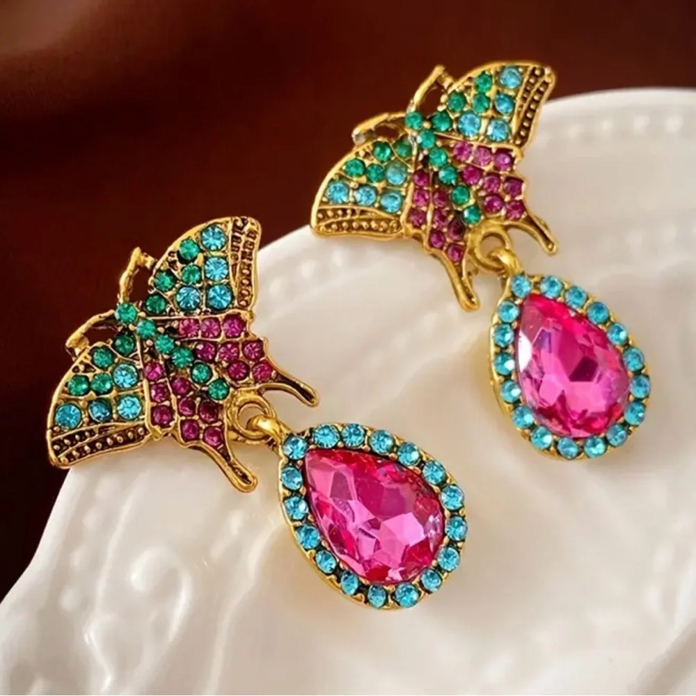 2/$30🌵 Vintage Style Butterfly Moth Teal Pink Rhinestone Earrings Ornate Gift